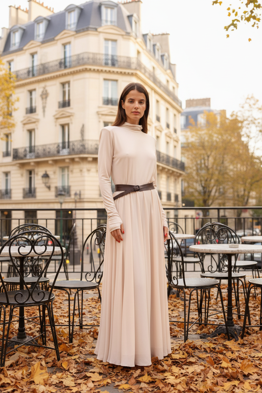Robe Longue Plissée Col Montant - Tess