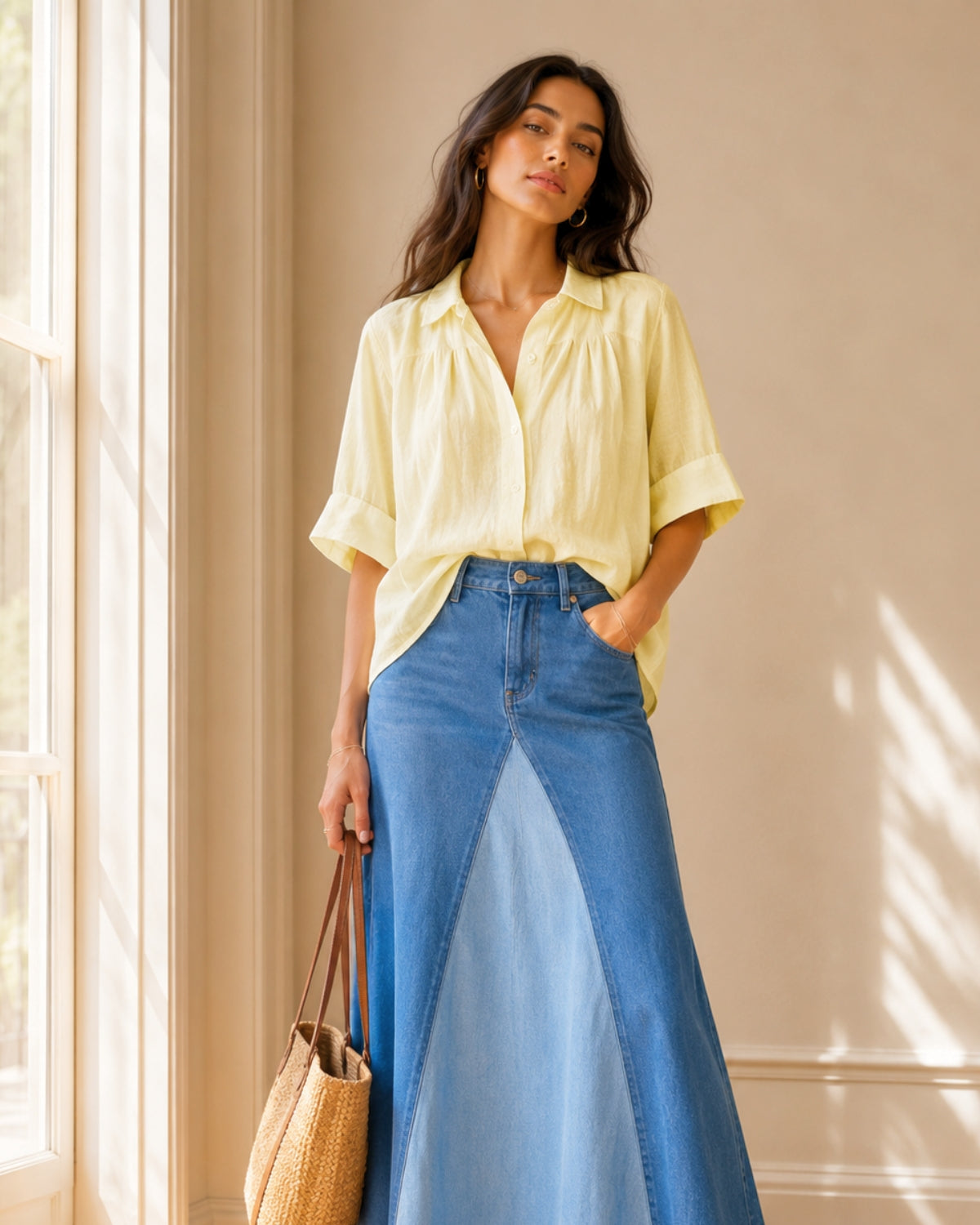 Chemise Plissée Manches Courtes Jaune Pâle - Ondoyante