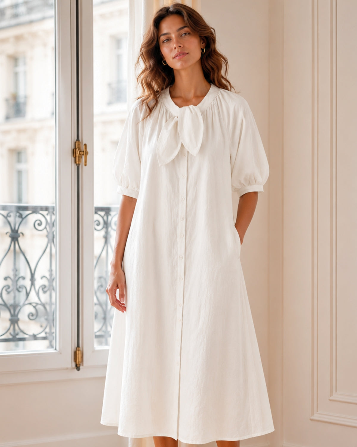Robe Nœud au Col Manches Bouffantes - Vaporeuse