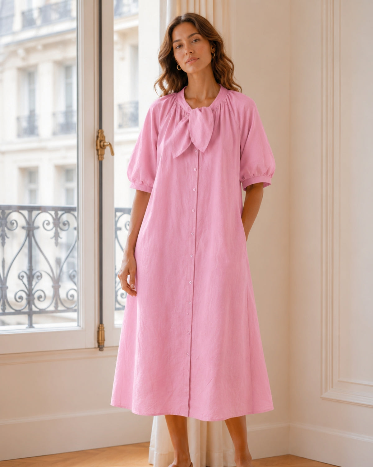 Robe Nœud au Col Manches Bouffantes - Vaporeuse