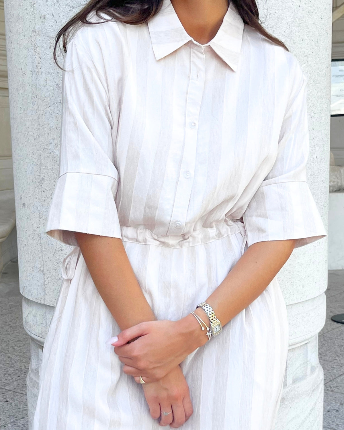 Robe Chemise Longue Rayée Écru