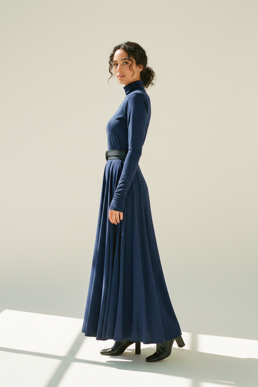 Robe Longue Plissée Col Montant - Tess