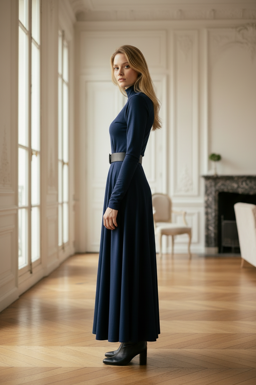 Robe Longue Plissée Col Montant - Tess