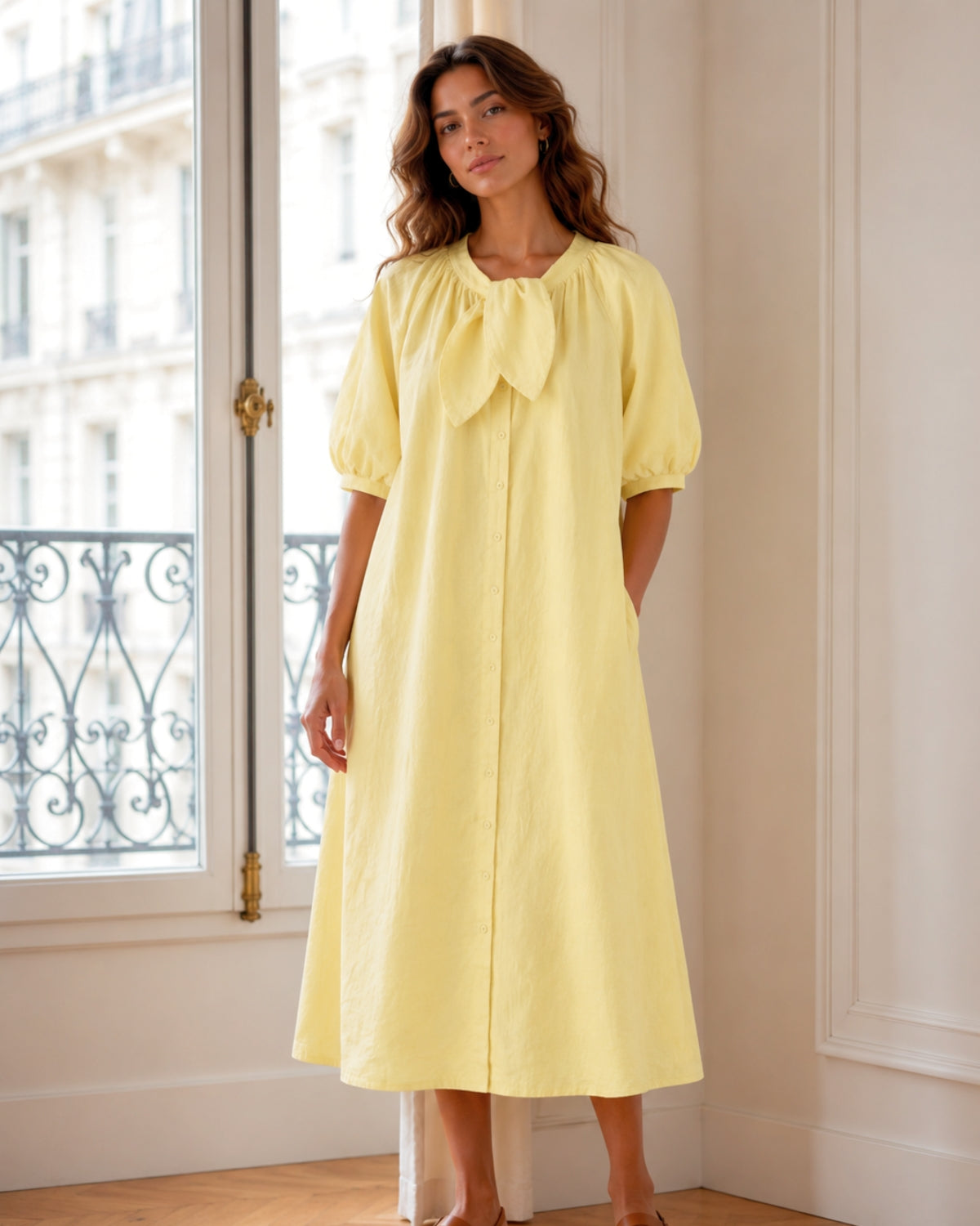 Robe Nœud au Col Manches Bouffantes - Vaporeuse