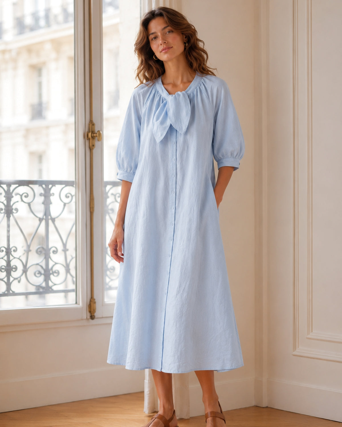 Robe Nœud au Col Manches Bouffantes - Vaporeuse