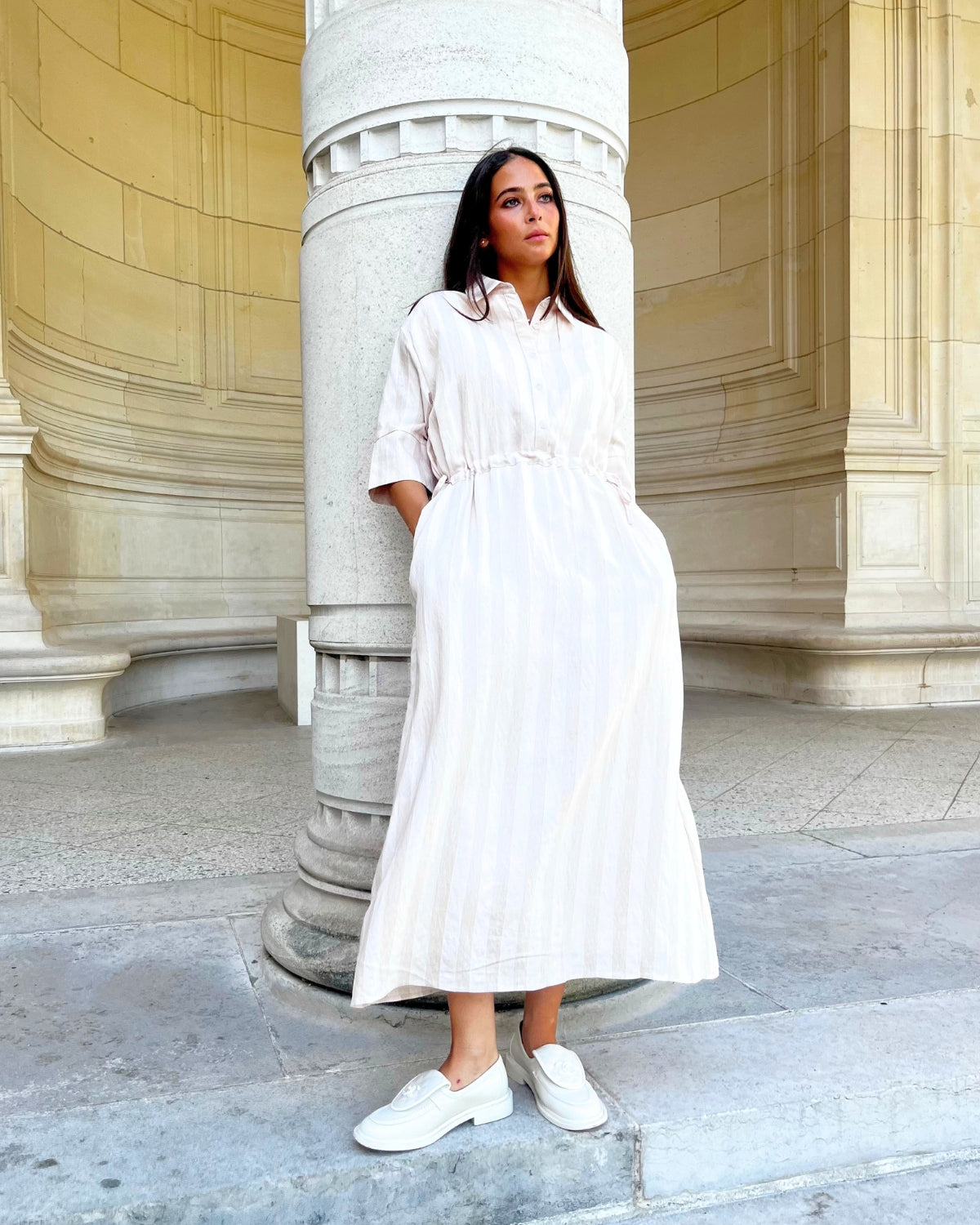 Robe Chemise Longue Rayée Écru